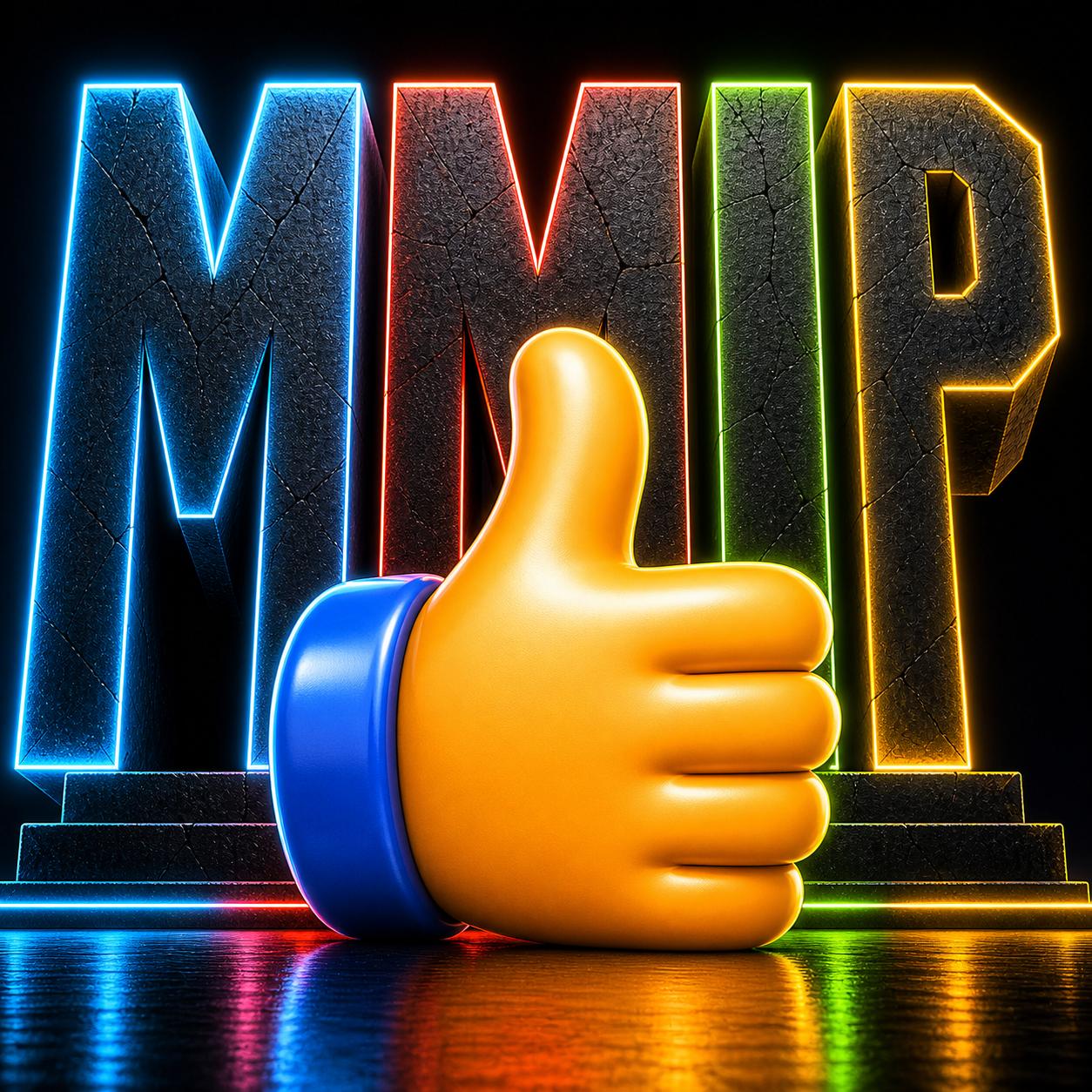 The Like — 3D thumbs-up against neon MMIP letters — character teaser